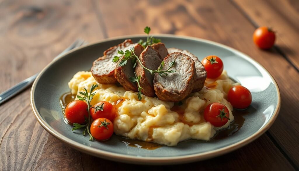 serving suggestions for pork filet over cheesy cauliflower mash